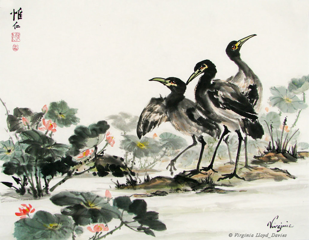 Painting of cranes and lotus