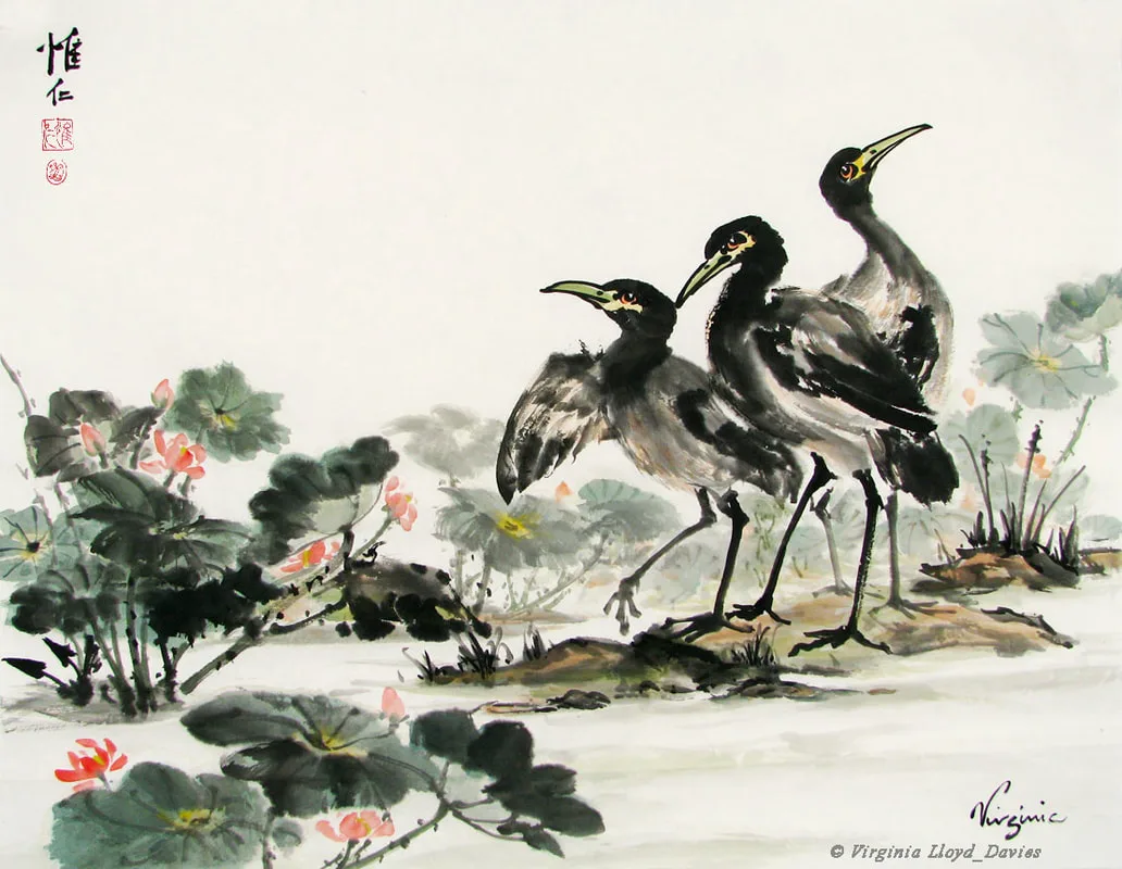Painting of cranes and lotus