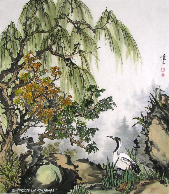 Chinese brush painting of a crane by a pond