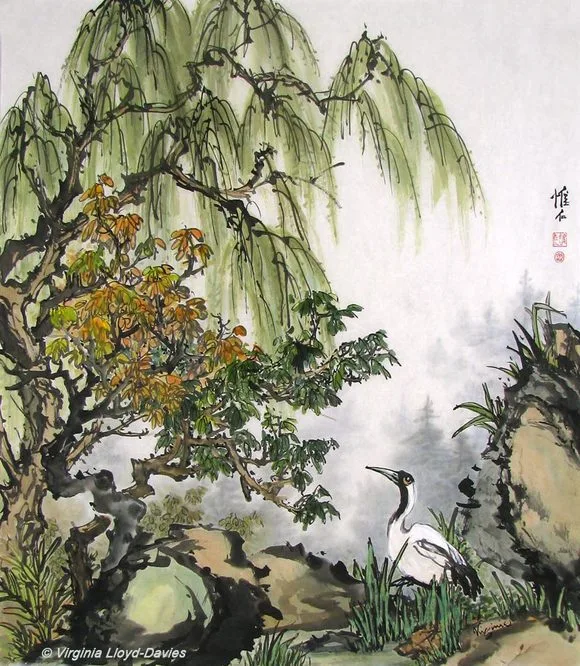 Chinese brush painting of a crane by a pond