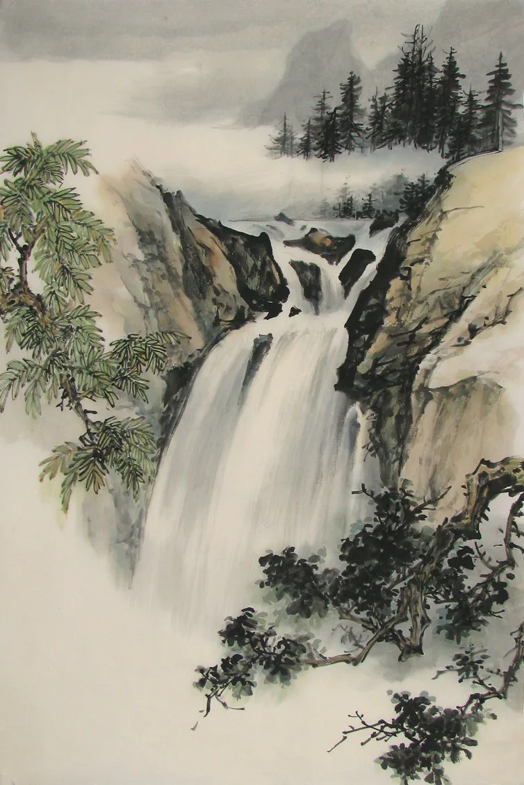 waterfall, trees, misty mountains