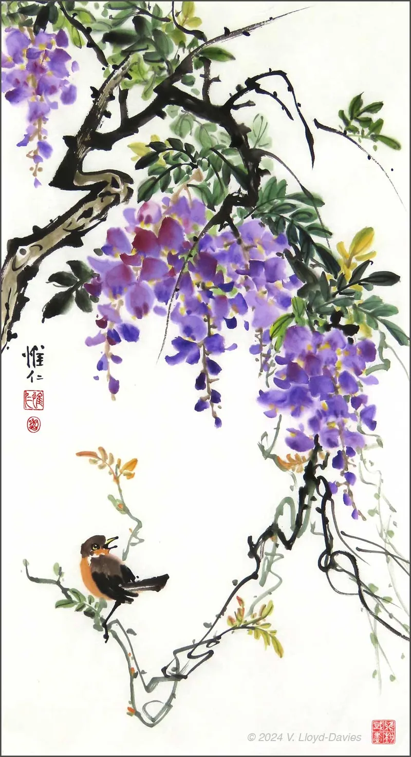 Purple wisteria with brown bird perched on tendril